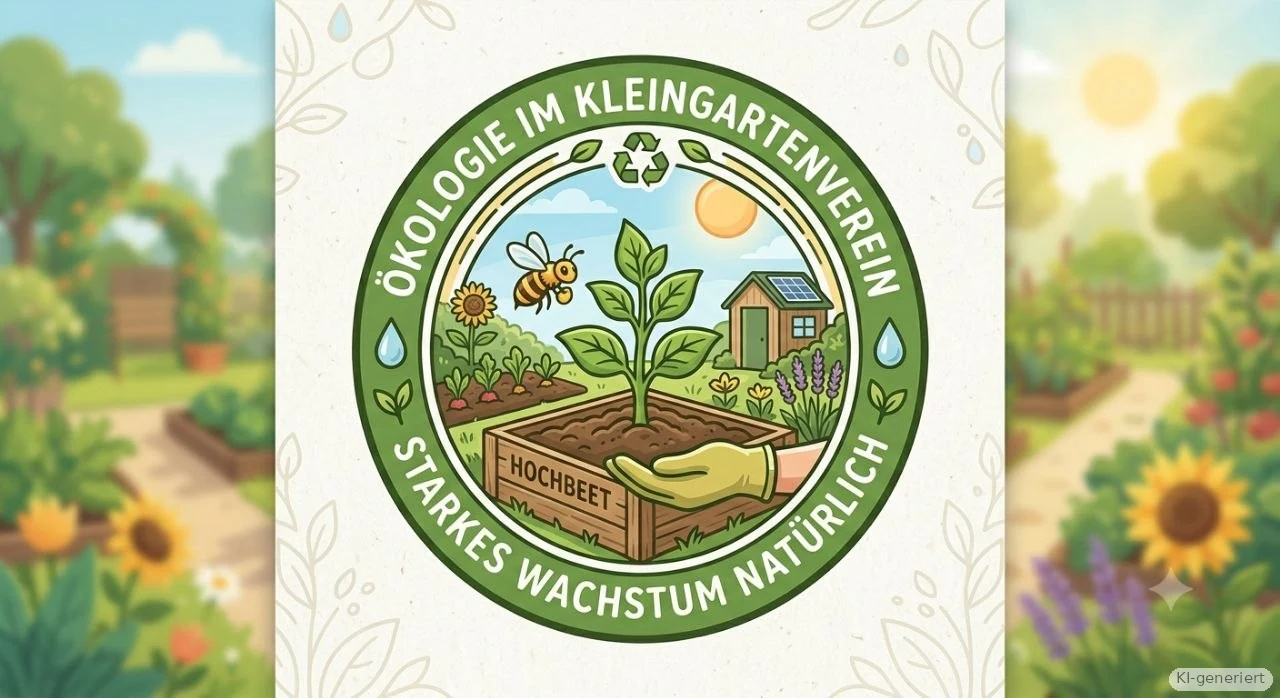 Rundes Emblem „Ökologie im Kleingartenverein“ mit Hochbeet, Biene, Sonnenblume, Lavendel und Gartenhaus mit Solarpanel; KI-generierte Grafik, unten rechts mit „KI-generiert“ gekennzeichnet